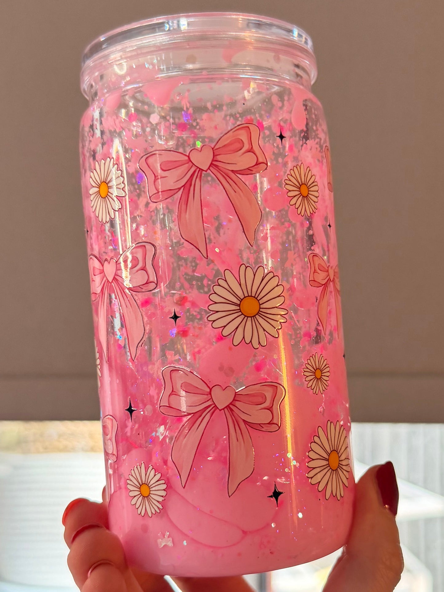 Pink lava bows and daisies