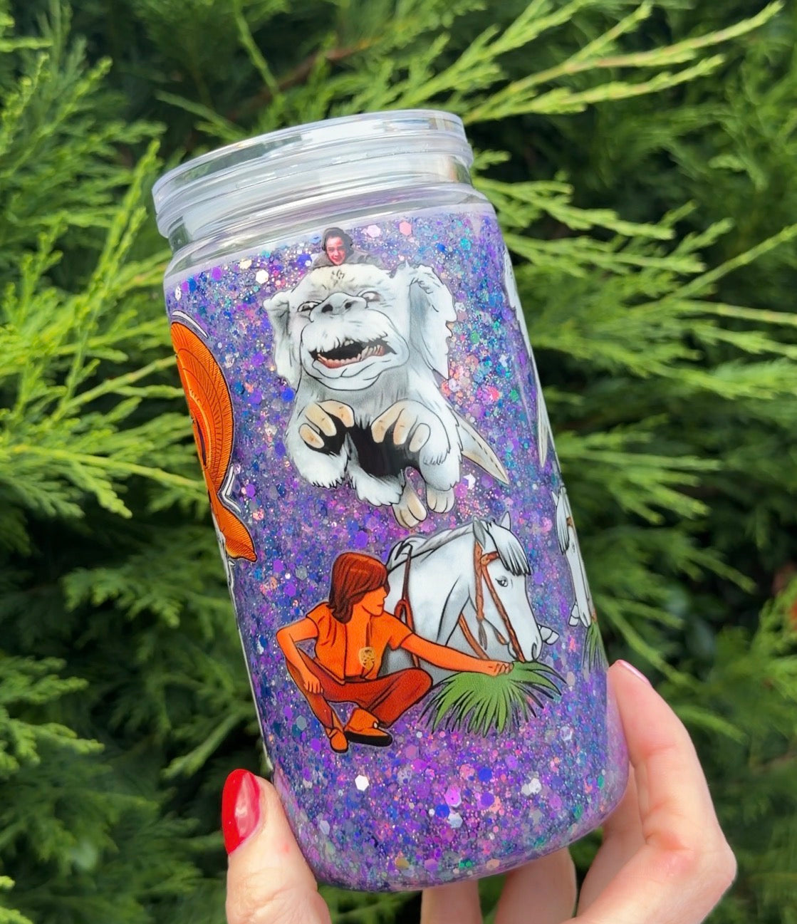 Never ending story purple glitter snowglobe can style