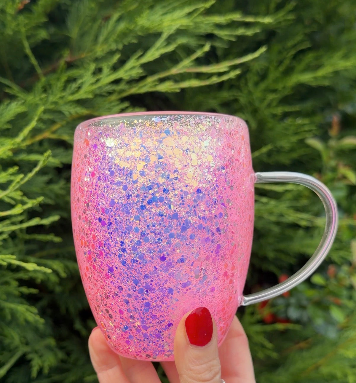 Pink suspended glitter glass mug