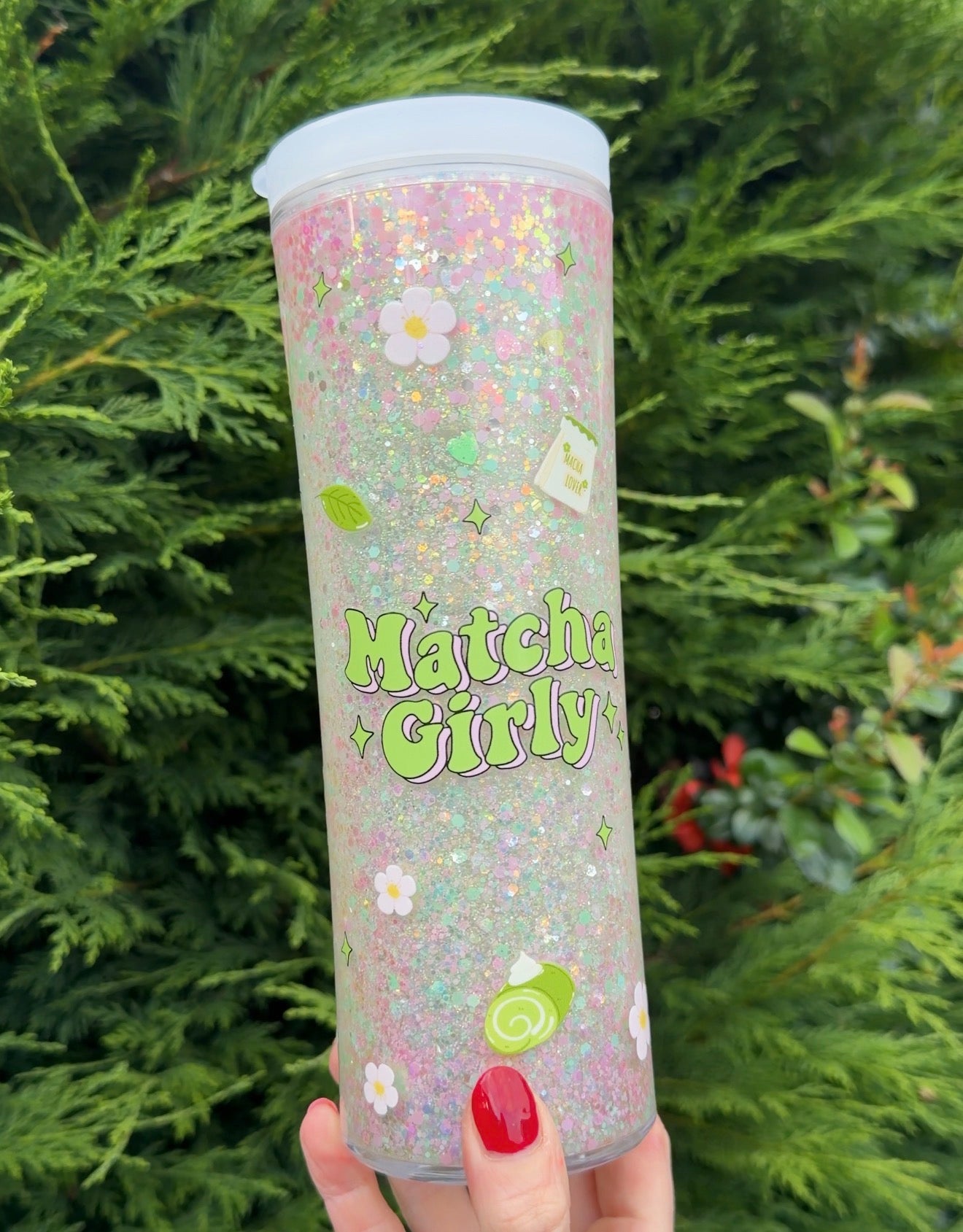 Matcha girly suspended glitter flip straw bottle