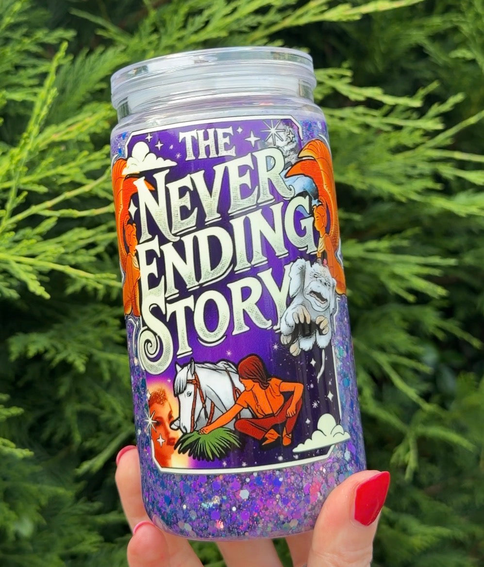 Never ending story purple glitter snowglobe can style