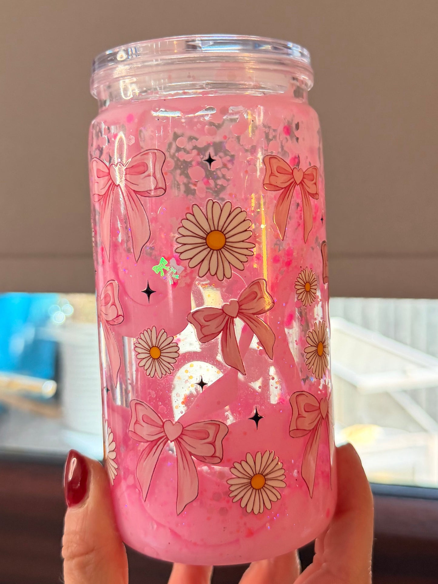 Pink lava bows and daisies